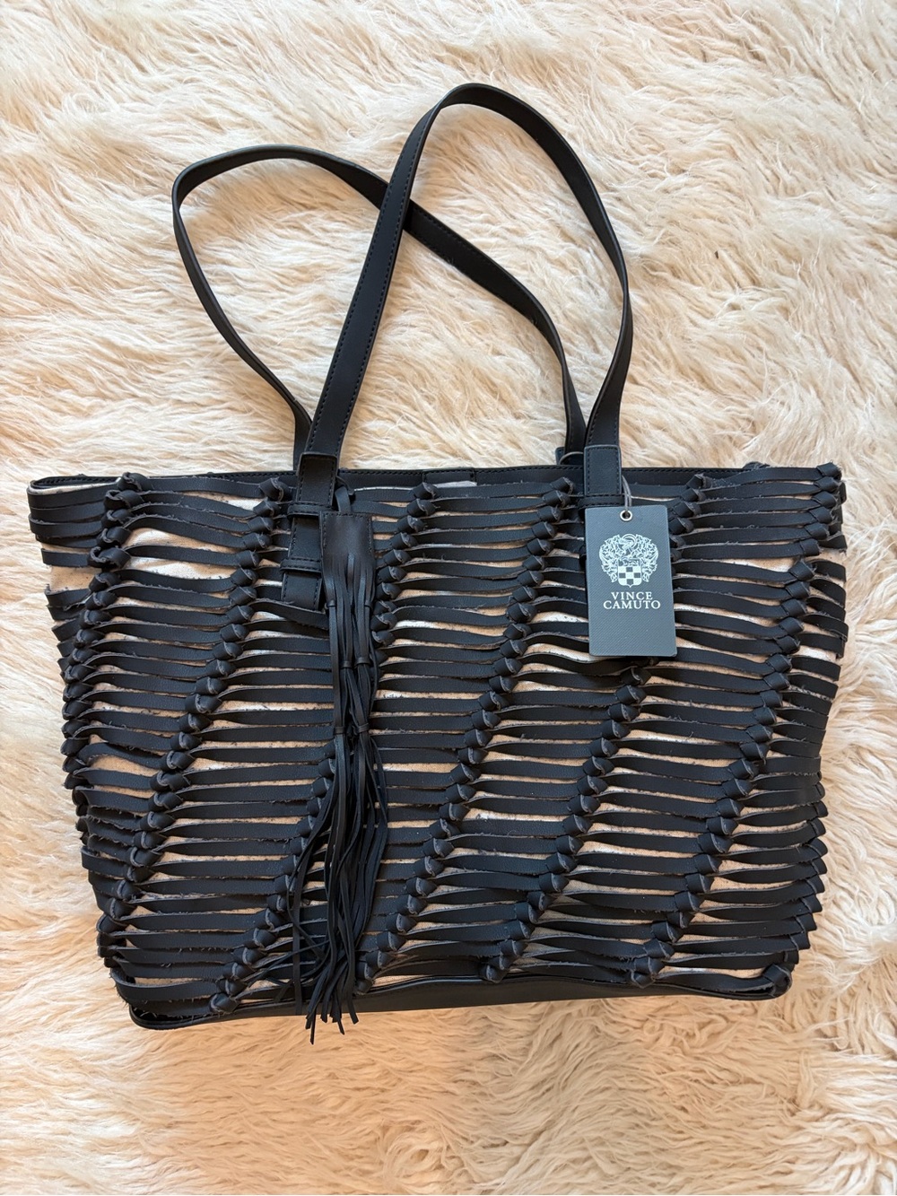New Vince Camuto Black Woven Fringe Tote